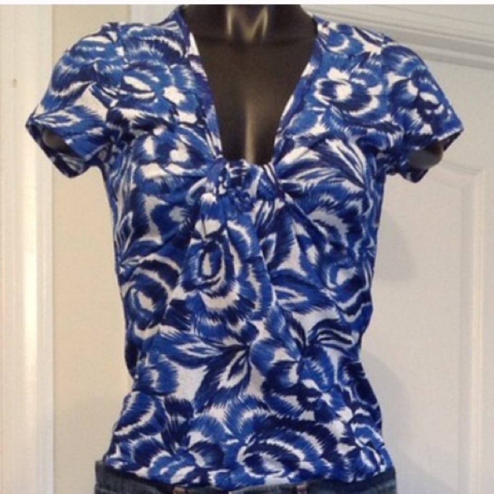 Y2K Karen Kane Floral Twist Front Short Sleeve Blouse Vintage Blue White Medium - Picture 2 of 7